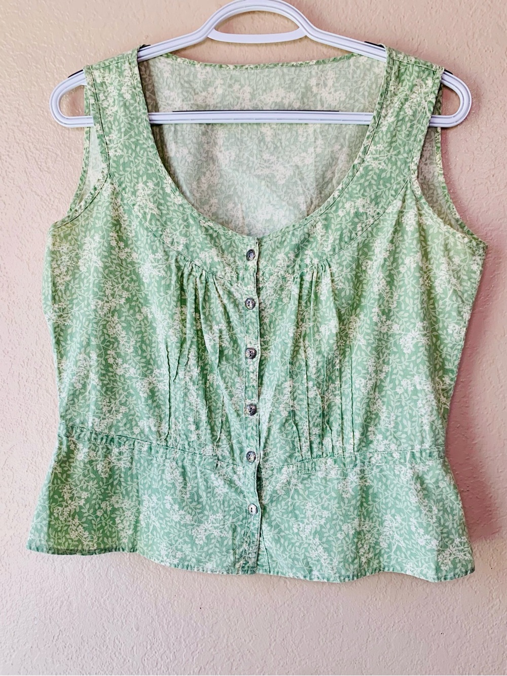 Cottagecore Mint Green Leaf Print Button Down Pintuck Peplum Blouse Size L